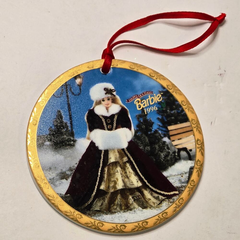 1996 Barbie Happy Holidays Ornament Mattel Enesco Porcelain Disc Gold Trim VTG